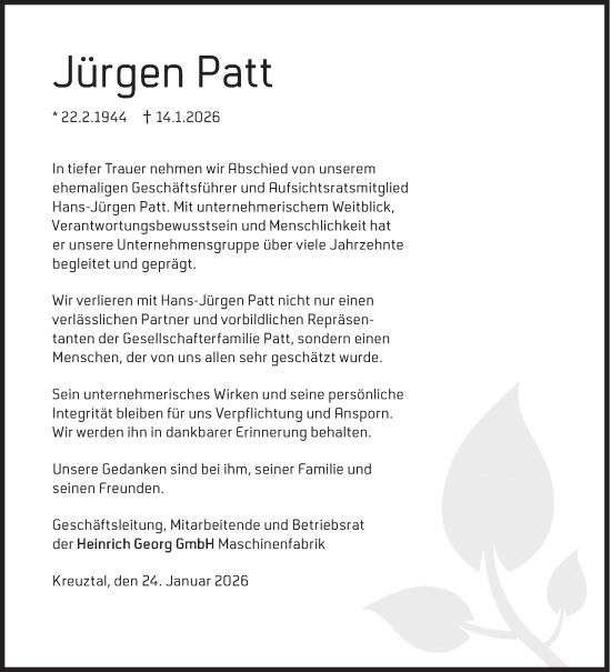 Traueranzeige von Hans-Jürgen Patt von Siegener Zeitung