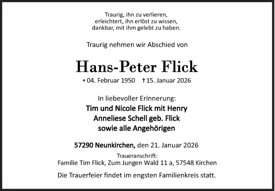Traueranzeige von Hans-Peter Flick von Siegener Zeitung