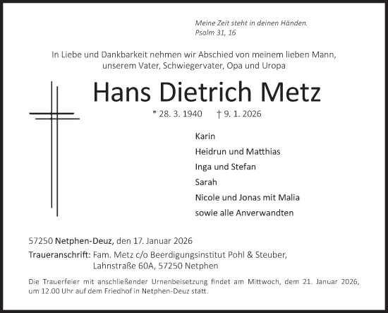 Traueranzeige von Hans Dietrich Metz von Siegener Zeitung
