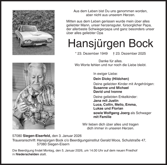 Traueranzeige von Hansjürgen Bock von Siegener Zeitung