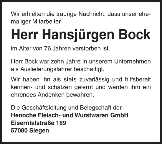 Traueranzeige von Hansjürgen Bock von Siegener Zeitung