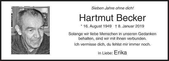 Traueranzeige von Hartmut Becker von Siegener Zeitung