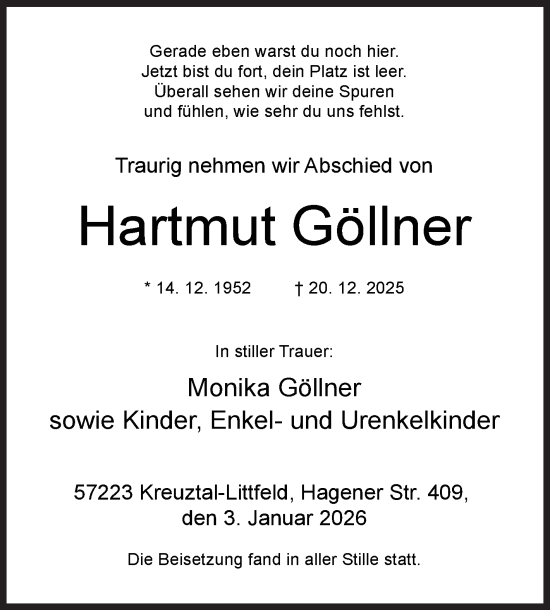 Traueranzeige von Hartmut Göllner von Siegener Zeitung