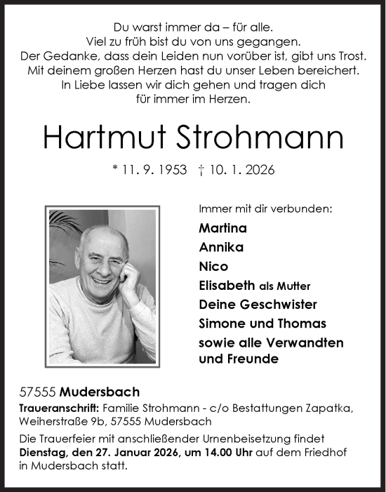 Traueranzeige von Hartmut Strohmann von Siegener Zeitung
