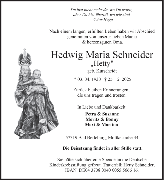 Traueranzeige von Hedwig Maria Schneider von Siegener Zeitung