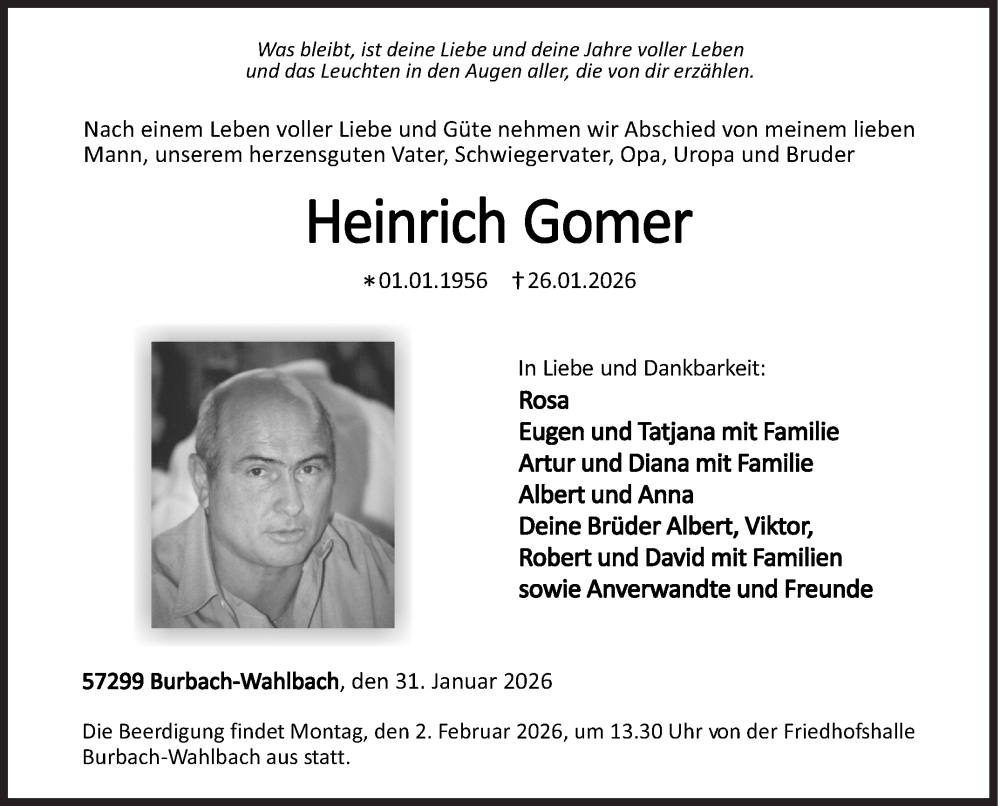  Traueranzeige für Heinrich Gomer vom 31.01.2026 aus Siegener Zeitung
