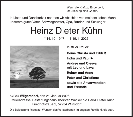 Traueranzeige von Heinz Dieter Kühn von Siegener Zeitung