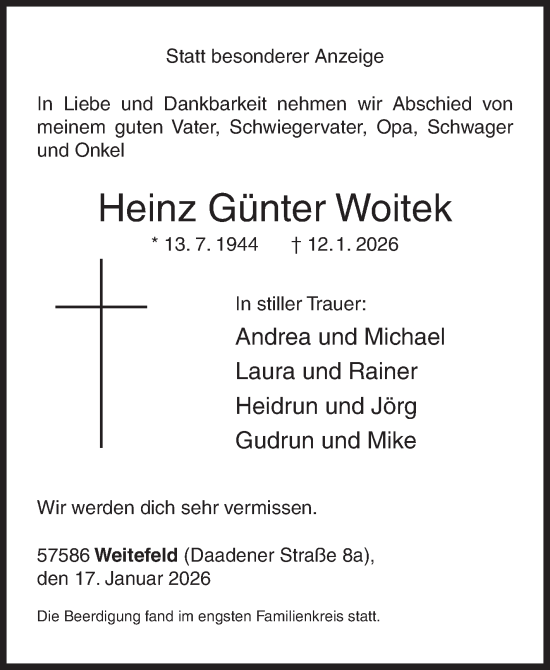 Traueranzeige von Heinz Günter Woitek von Siegener Zeitung