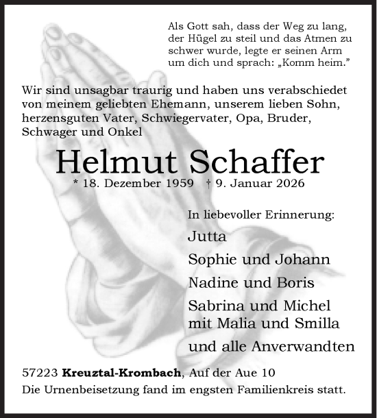Traueranzeige von Helmut Schaffer von Siegener Zeitung