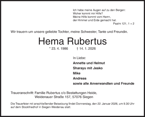 Traueranzeige von Hema Rubertus von Siegener Zeitung