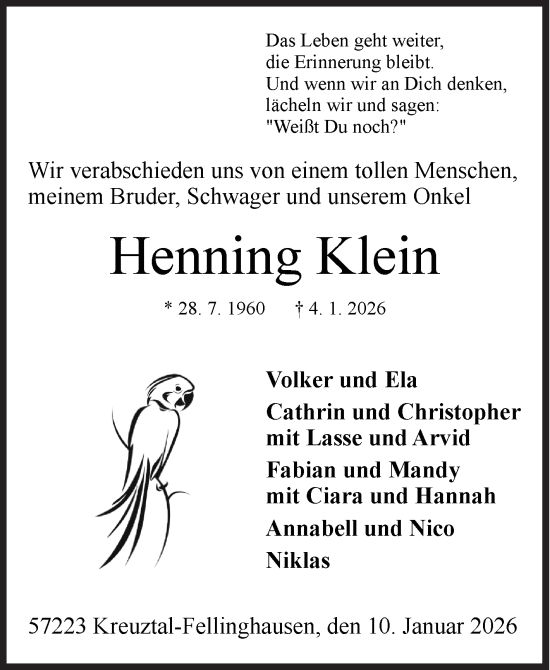 Traueranzeige von Henning Klein von Siegener Zeitung