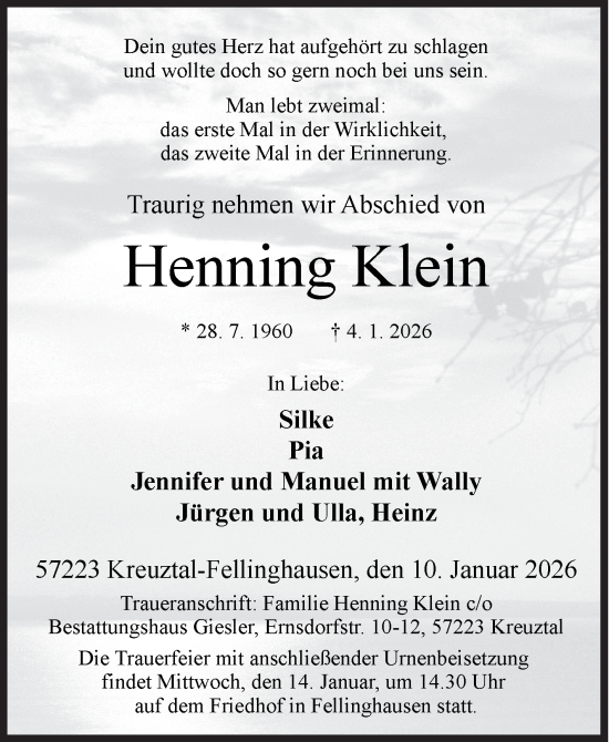 Traueranzeige von Henning Klein von Siegener Zeitung
