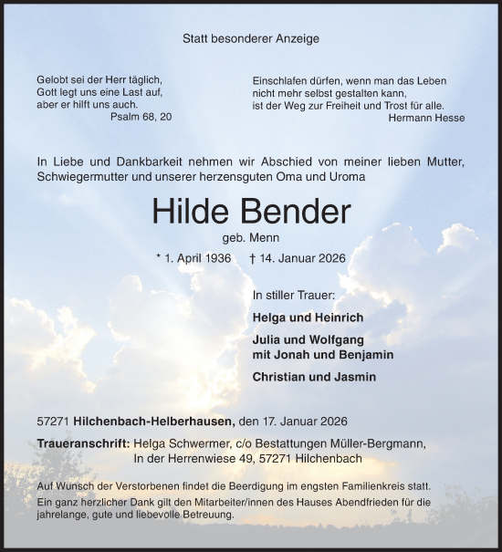 Traueranzeige von Hilde Bender von Siegener Zeitung