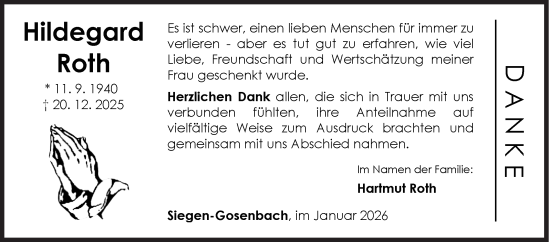 Traueranzeige von Hildegard Roth von Siegener Zeitung