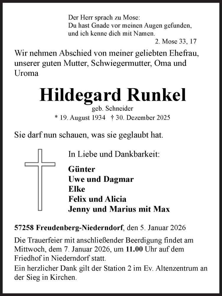  Traueranzeige für Hildegard Runkel vom 05.01.2026 aus Siegener Zeitung