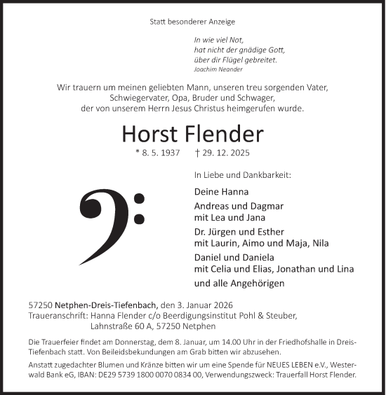 Traueranzeige von Horst Flender von Siegener Zeitung
