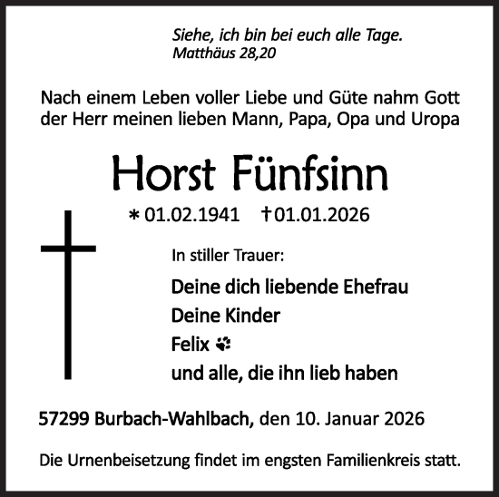 Traueranzeige von Horst Fünfsinn von Siegener Zeitung