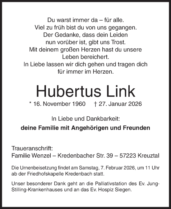 Traueranzeige von Hubertus Link von Siegener Zeitung