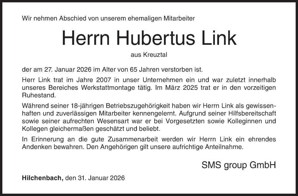  Traueranzeige für Hubertus Link vom 31.01.2026 aus Siegener Zeitung