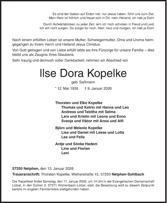 Traueranzeige von Ilse Dora Kopelke von Siegener Zeitung