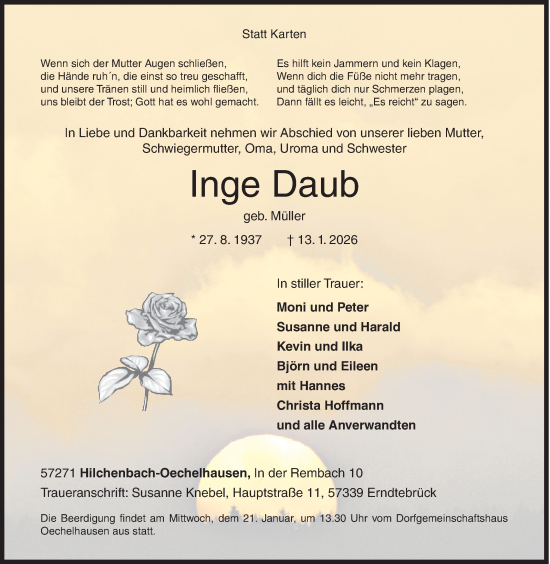 Traueranzeige von Inge Daub von Siegener Zeitung