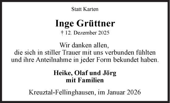 Traueranzeige von Inge Grüttner von Siegener Zeitung