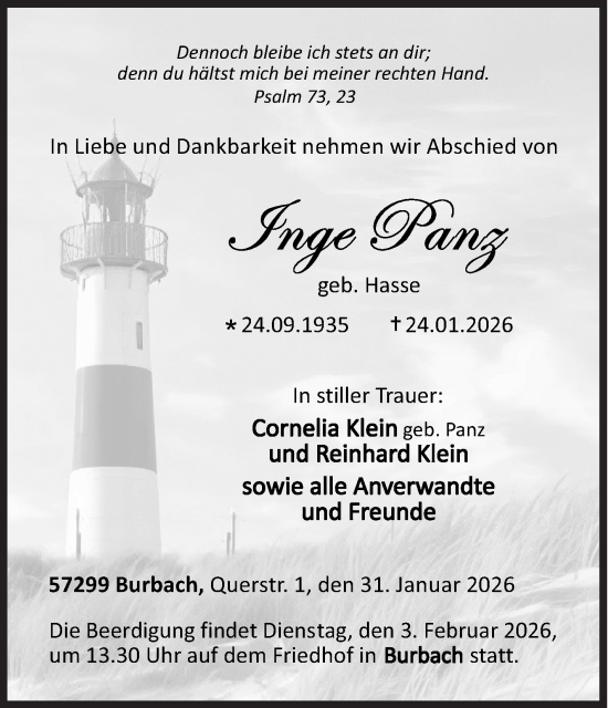 Traueranzeige von Inge Panz von Siegener Zeitung