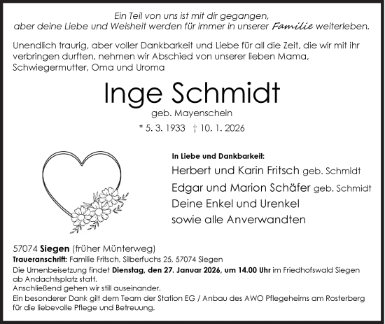 Traueranzeige von Inge Schmidt von Siegener Zeitung