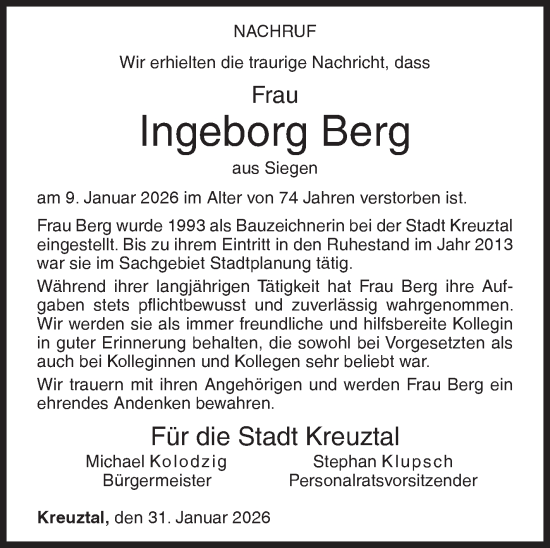 Traueranzeige von Ingeborg Berg von Siegener Zeitung