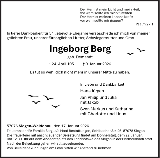 Traueranzeige von Ingeborg Berg von Siegener Zeitung