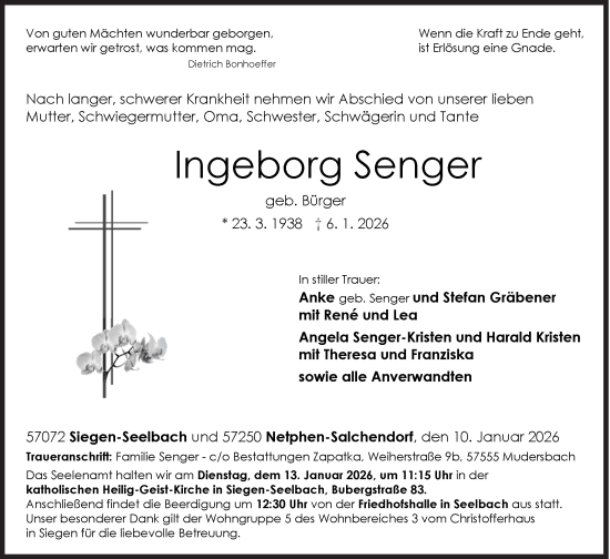 Traueranzeige von Ingeborg Senger von Siegener Zeitung