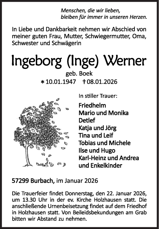 Traueranzeige von Ingeborg Werner von Siegener Zeitung
