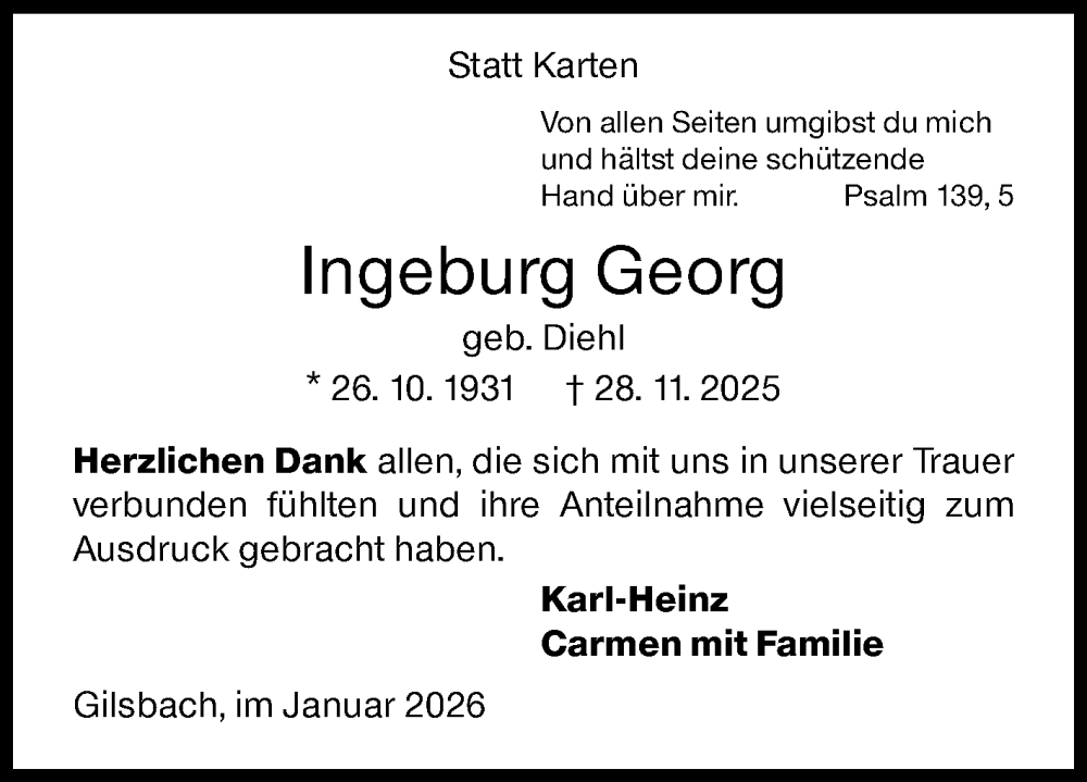  Traueranzeige für Ingeburg Georg vom 24.01.2026 aus Siegener Zeitung
