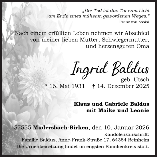 Traueranzeige von Ingrid Baldus von Siegener Zeitung