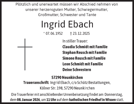 Traueranzeige von Ingrid Ebach von Siegener Zeitung