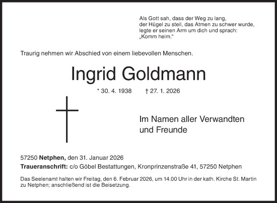 Traueranzeige von Ingrid Goldmann von Siegener Zeitung