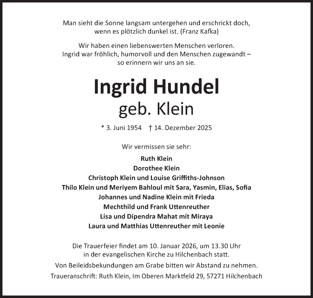  Traueranzeige für Ingrid Hundel vom 03.01.2026 aus Siegener Zeitung