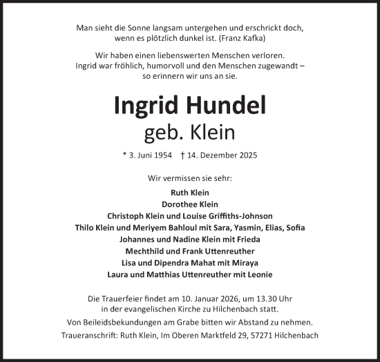 Traueranzeige von Ingrid Hundel von Siegener Zeitung