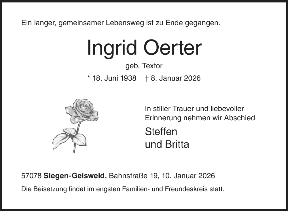  Traueranzeige für Ingrid Oerter vom 10.01.2026 aus Siegener Zeitung