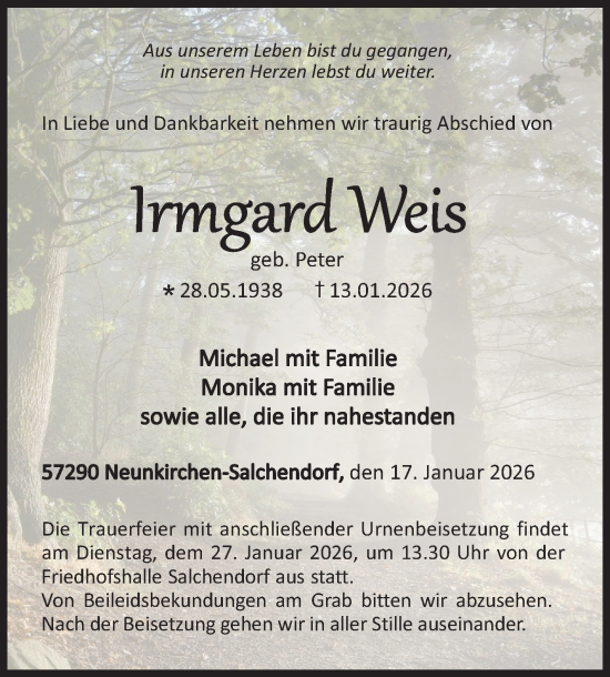 Traueranzeige von Irmgard Weis von Siegener Zeitung