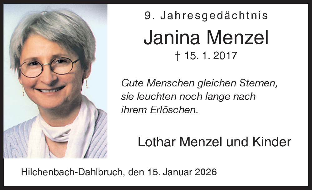  Traueranzeige für Janina Menzel vom 15.01.2026 aus Siegener Zeitung