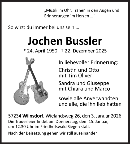 Traueranzeige von Jochen Bussler von Siegener Zeitung