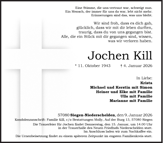 Traueranzeige von Jochen Kill von Siegener Zeitung