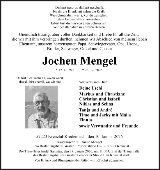 Traueranzeige von Jochen Mengel von Siegener Zeitung