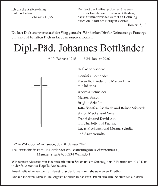 Traueranzeige von Johannes Bottländer von Siegener Zeitung