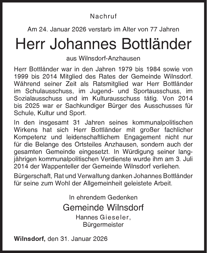  Traueranzeige für Johannes Bottländer vom 31.01.2026 aus Siegener Zeitung