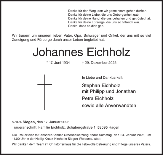 Traueranzeige von Johannes Eichholz von Siegener Zeitung