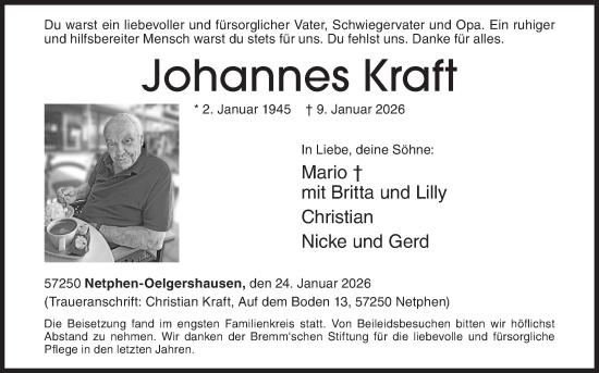 Traueranzeige von Johannes Kraft von Siegener Zeitung
