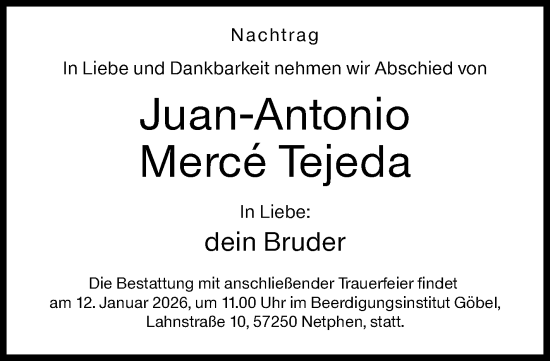 Traueranzeige von Juan-Antonio Merce Tejeda von Siegener Zeitung