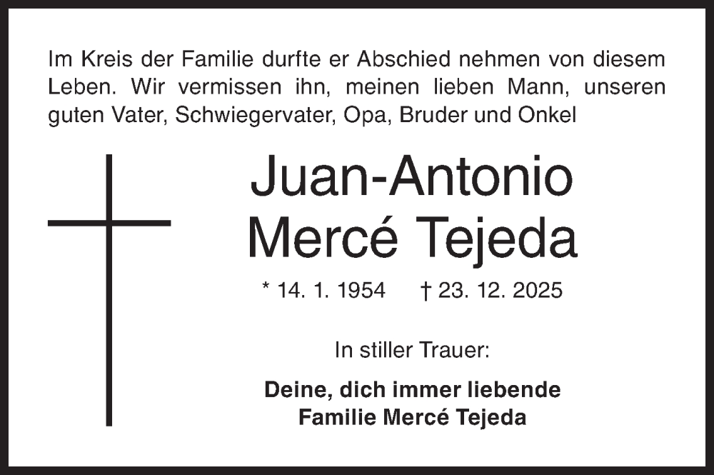  Traueranzeige für Juan-Antonio Mercé Tejeda vom 03.01.2026 aus Siegener Zeitung